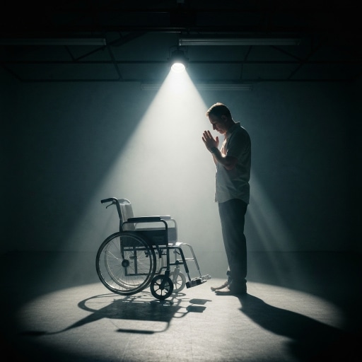 a man is standing and praying in front of an empty wheelchair