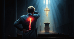 a man with a bad back stands in front of an altar - healing through bible truths and god's goodness