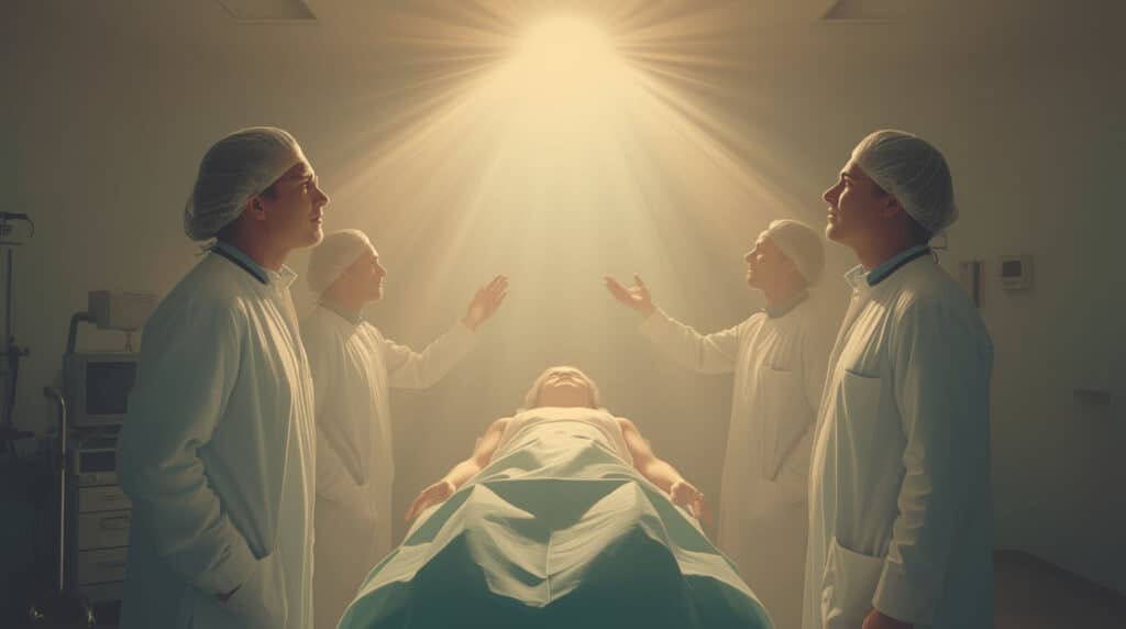 doctors look up as golden light bathes the operating room - guide to faith healing