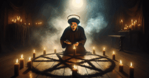 Witch doctor in dark ritual with pentagram and candles before divine healing modern miracle