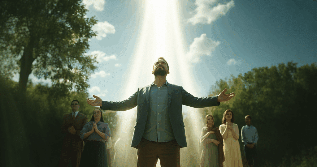 A man receiving divine healing in a serene woodland, embraced by heavenly light while a prayer group observes.