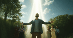 A man receiving divine healing in a serene woodland, embraced by heavenly light while a prayer group observes.