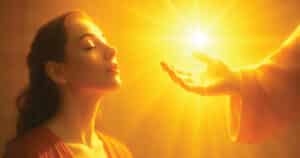 Illustration of a young woman in faith healing moment as Jesus extends hand for miracle healing and divine healing in golden light