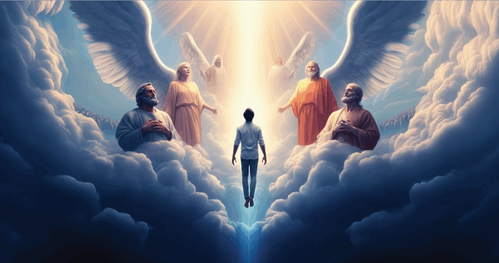 Man ascending in beam of light during heavenly visitation, surrounded by divine figures and angels in celestial journey