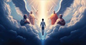 Man ascending in beam of light during heavenly visitation, surrounded by divine figures and angels in celestial journey