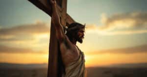 Medium-close shot of Jesus Christ on the cross at sunset illustrating a modern miracle divine encounter