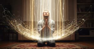 Pastor experiencing baptism of the Holy Spirit in prayer, feeling lifted by divine power