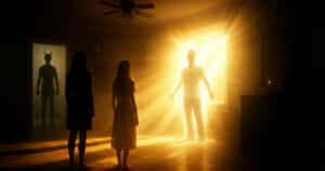 Family home scene with shadowy figure representing demonic possession and light breaking through for casting out demons