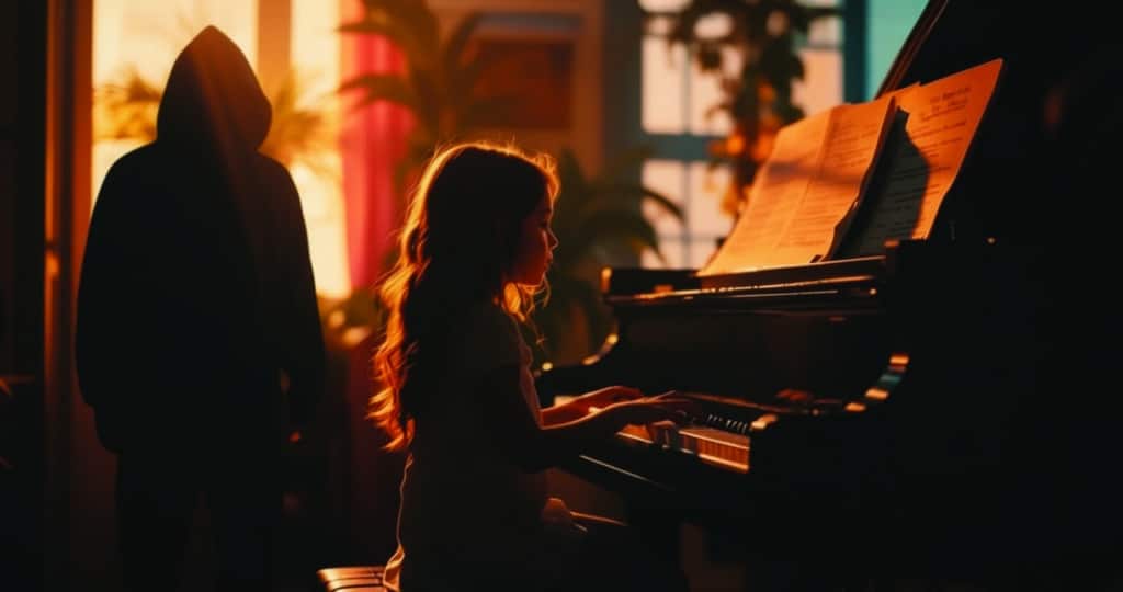 Young girl at piano during miraculous escape saved by prayer from intruder