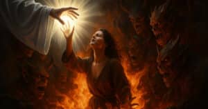 a woman emerging from dark flames into light, symbolizing a hell wake-up call and near-death experience