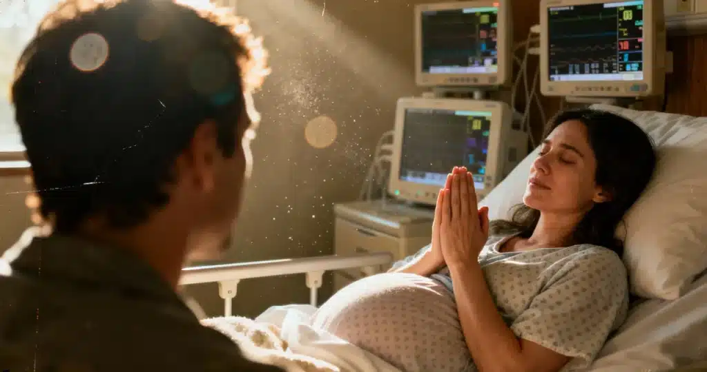 Mother in hospital bed praying during high-risk pregnancy for miracle birth