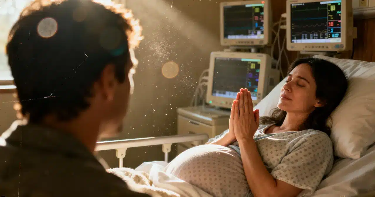 Mother in hospital bed praying during high-risk pregnancy for miracle birth