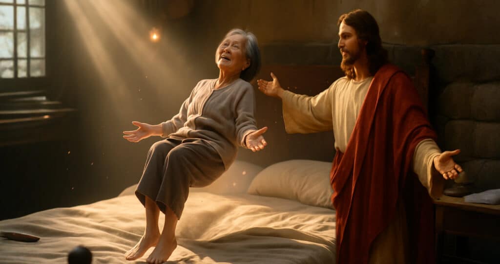 Christ praying over elderly woman in hospital bed as she is raised from the dead