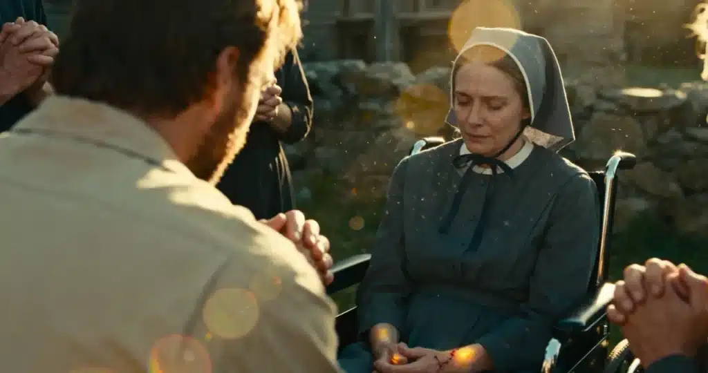 Amish woman in wheelchair healing through selfless prayer and hands and feet of Jesus intervention