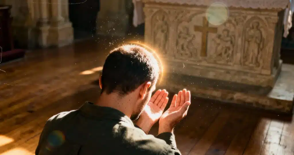 Person surrendering in prayer, representing a yielded life to activate anointing, and walking in anointing power