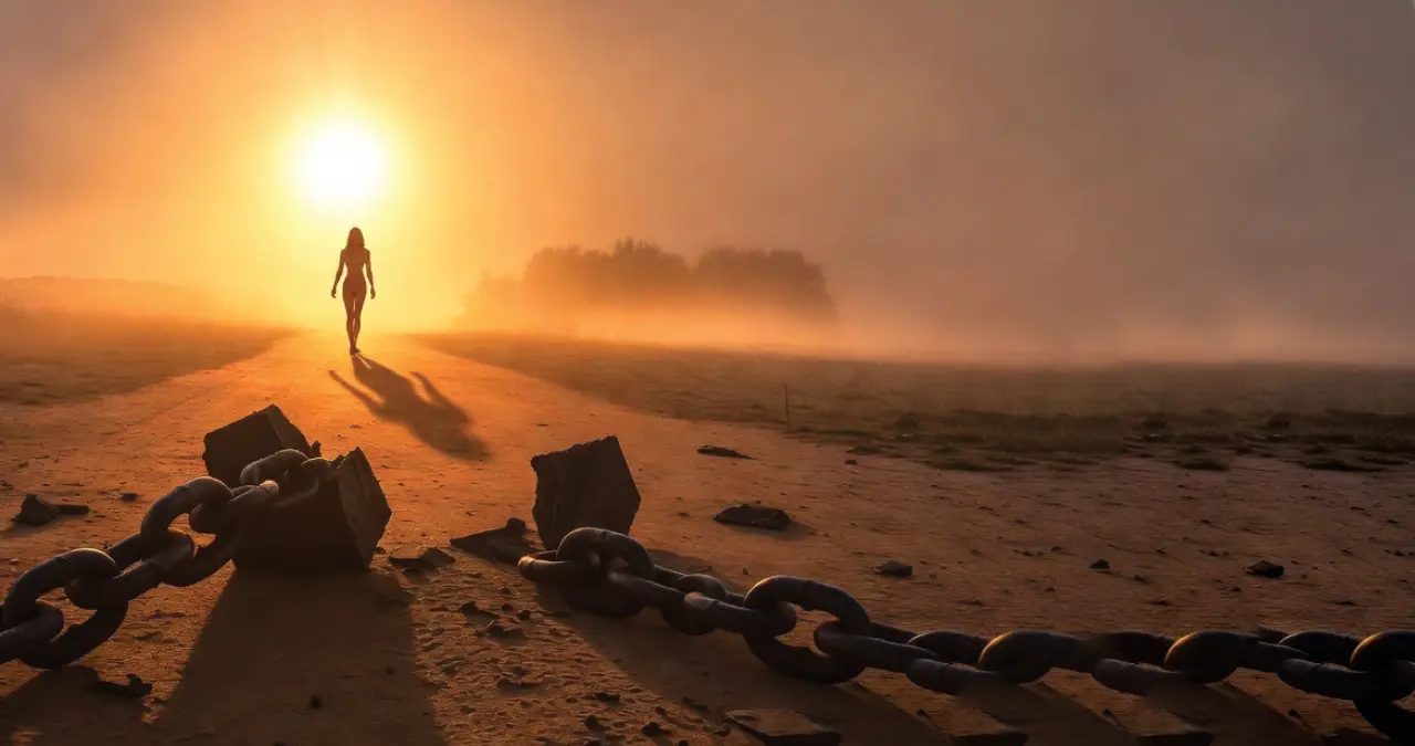broken chains on ground at dawn representing breaking trauma bonds and the deliverance from the spirit of lust