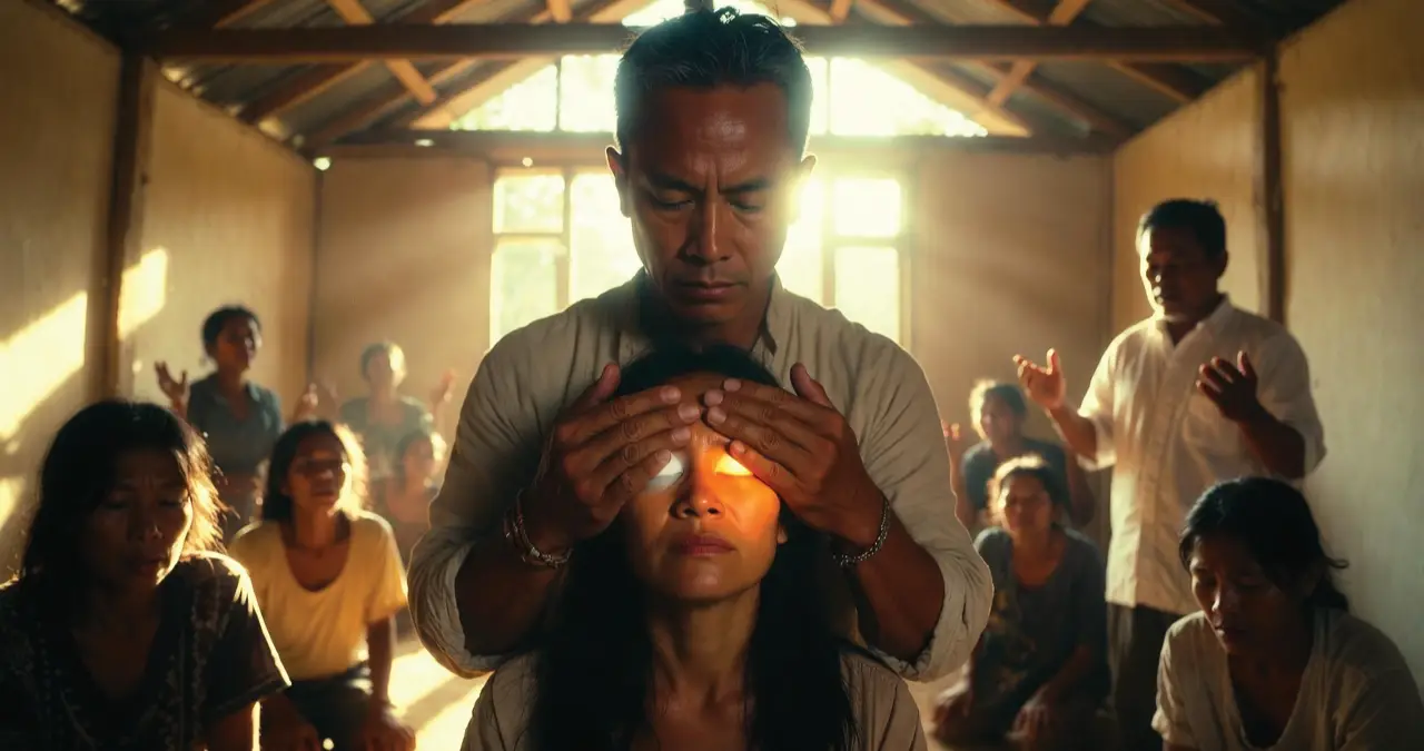 Blind woman with milky white eyes receiving divine healing through authority of the ecclesia in Philippine village