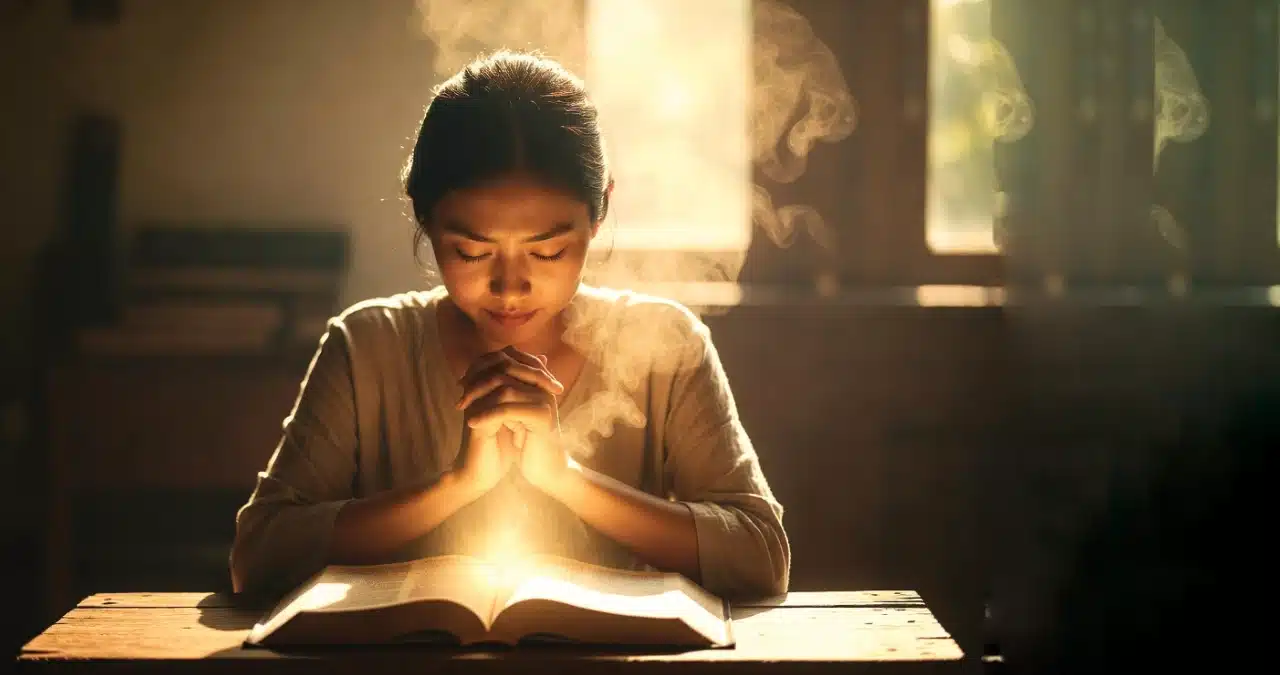 Miriam at desk experiencing hearing God as Bible words lift off the page in heavenly light