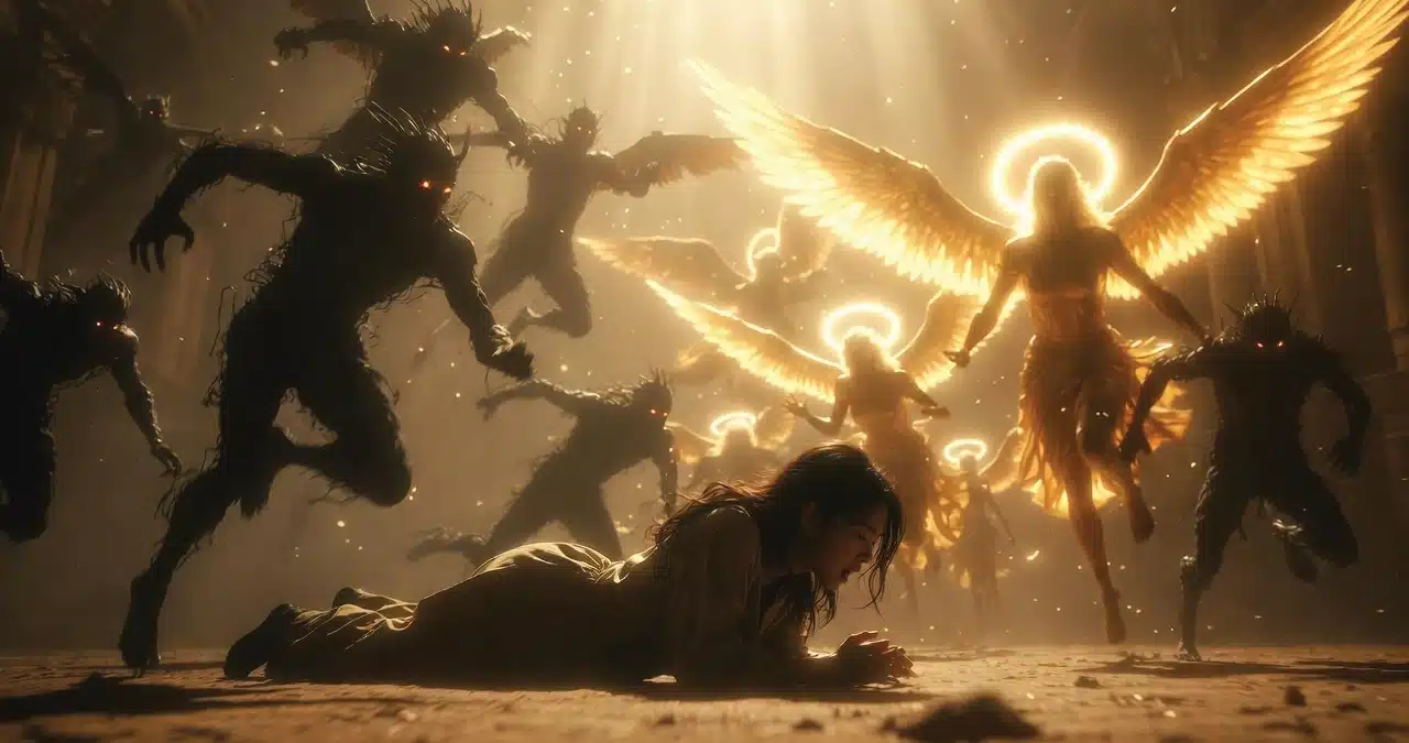 Woman on floor during intense deliverance from 47 demons with golden light and angels breaking through darkness