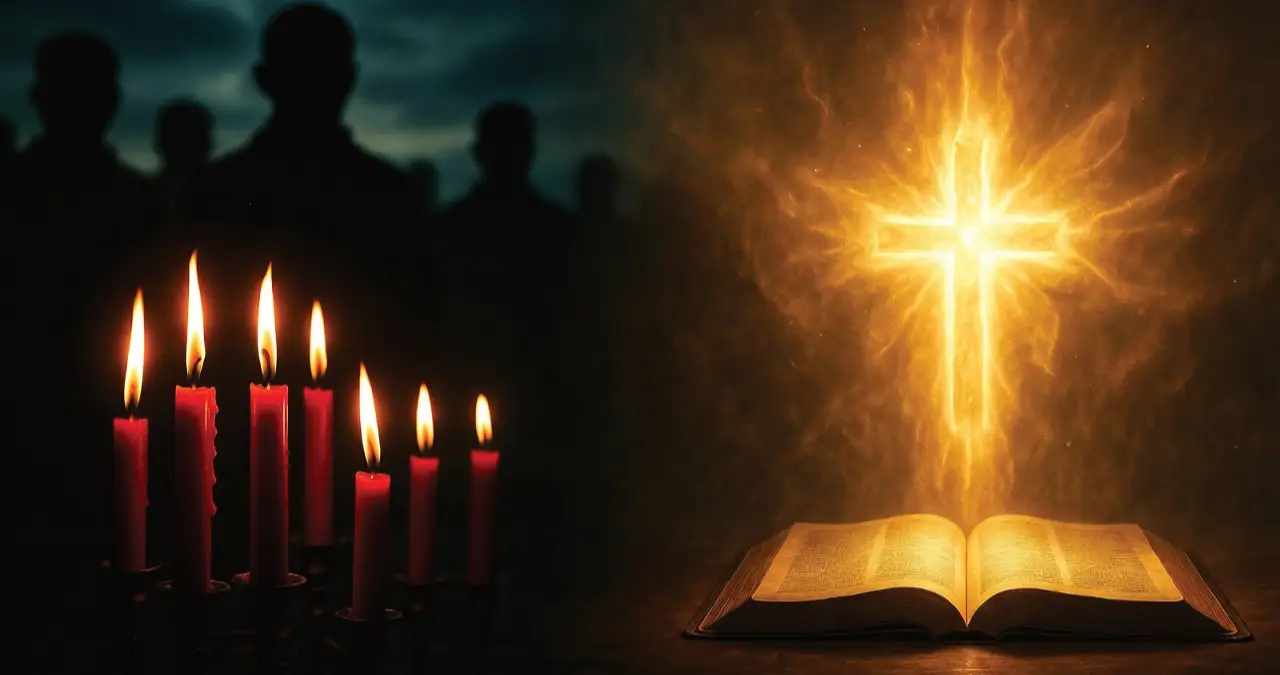 Ex-warlock sitting in prayer with glowing cross light breaking dark candle ritual background