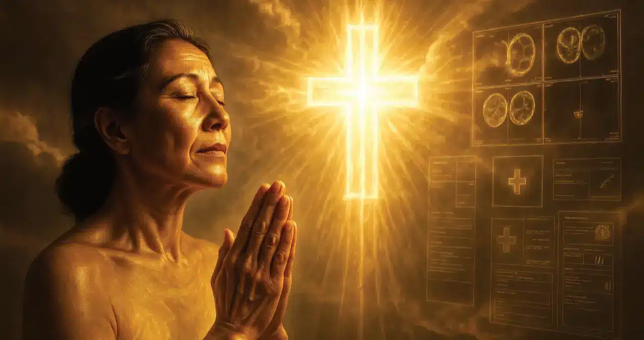Woman standing in prayer with soft light breaking through dark medical clouds symbolizing faith over fear and divine healing from cancer