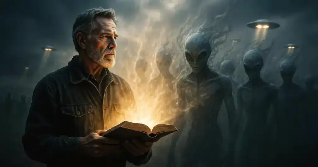 Man standing in radiant light with shadowy demonic watchers fleeing as a Bible glows symbolizing freedom from alien abductions