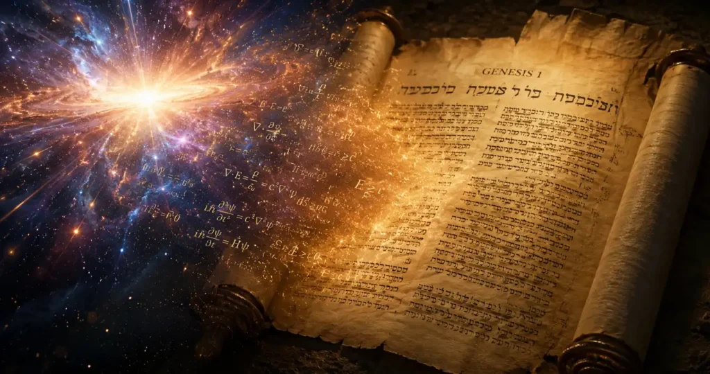 Cosmic explosion merging with ancient scripture text representing Big Bang cosmology and Bible
