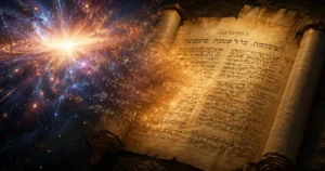 Cosmic explosion merging with ancient scripture text representing Big Bang cosmology and Bible