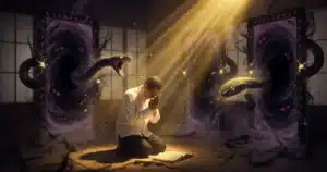 Man praying at dawn with light breaking through dark portals symbolizing spiritual victory