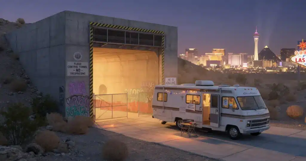 Rick and Maria Winnebago mission near Las Vegas tunnels entrance at sunset