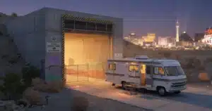 Rick and Maria Winnebago mission near Las Vegas tunnels entrance at sunset