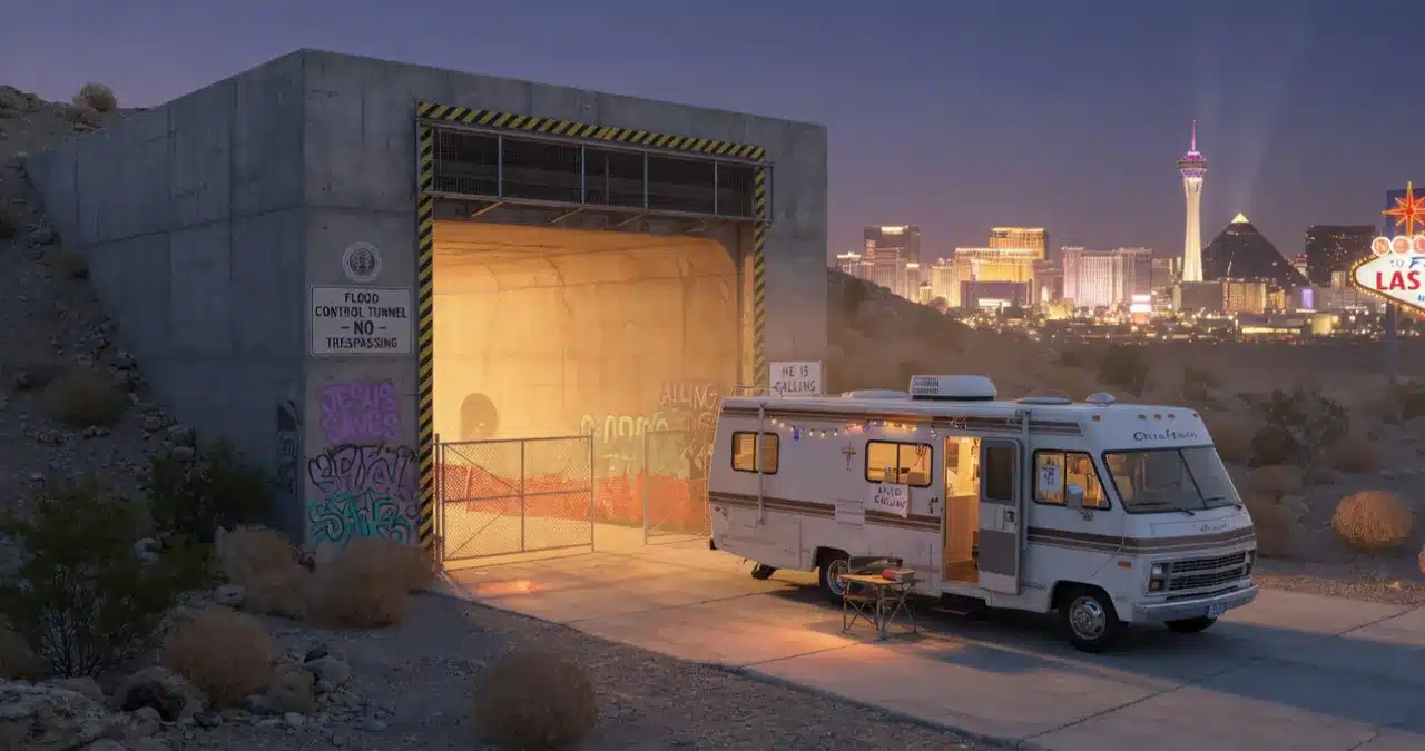 Rick and Maria Winnebago mission near Las Vegas tunnels entrance at sunset
