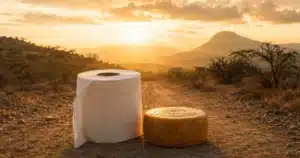 Massive block of cheese and giant toilet paper roll on dusty African road illustrating divine provision