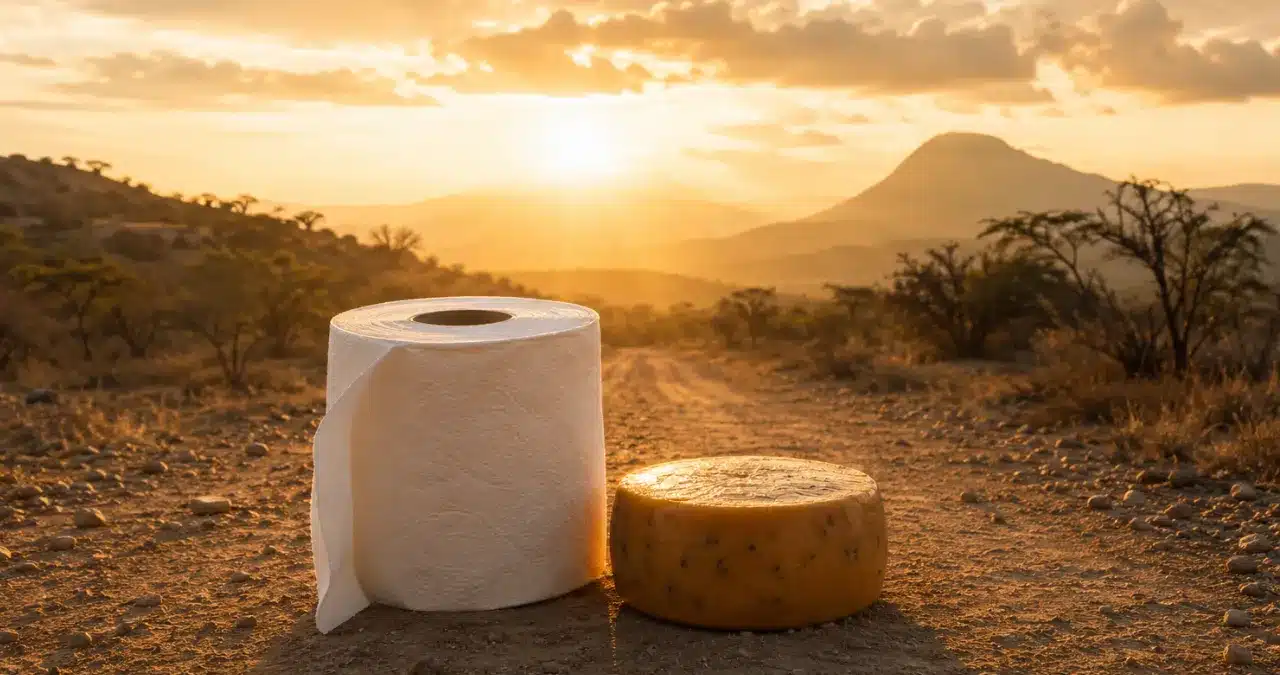 Massive block of cheese and giant toilet paper roll on dusty African road illustrating divine provision