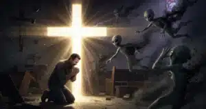 Man praying in light breaking through darkness representing escape from alien abductions