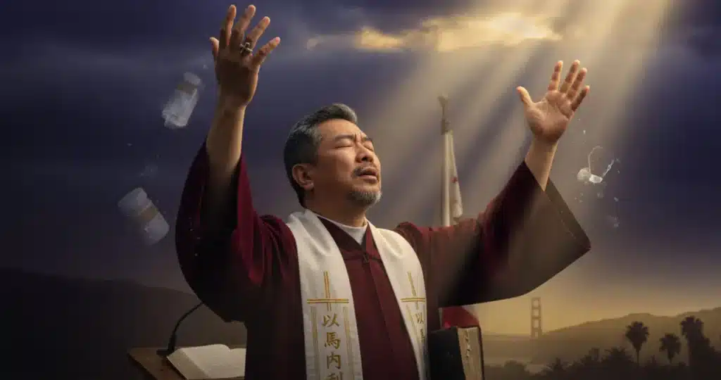 Pastor Che praying with dramatic light representing miraculous transformation