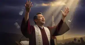 Pastor Che praying with dramatic light representing miraculous transformation
