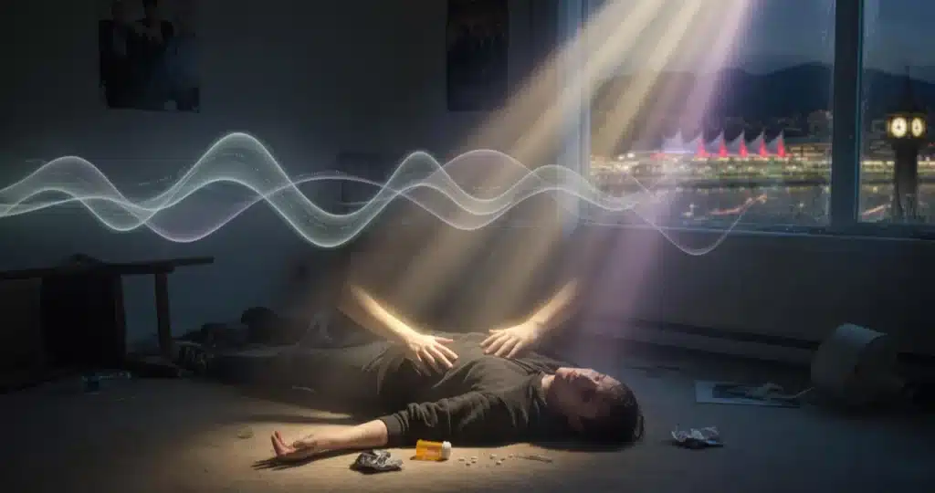Artistic representation of divine encounter where God speaks to John Oakley