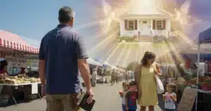 Man praying in busy marketplace receiving divine vision
