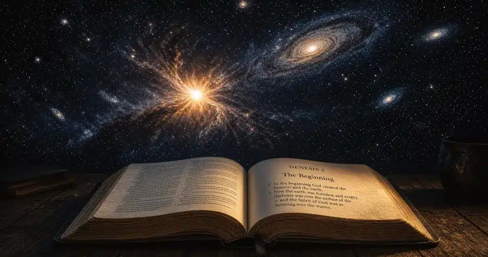 Star-filled cosmos above an open Bible showing Genesis 1, illustrating the Big Bang in the Bible