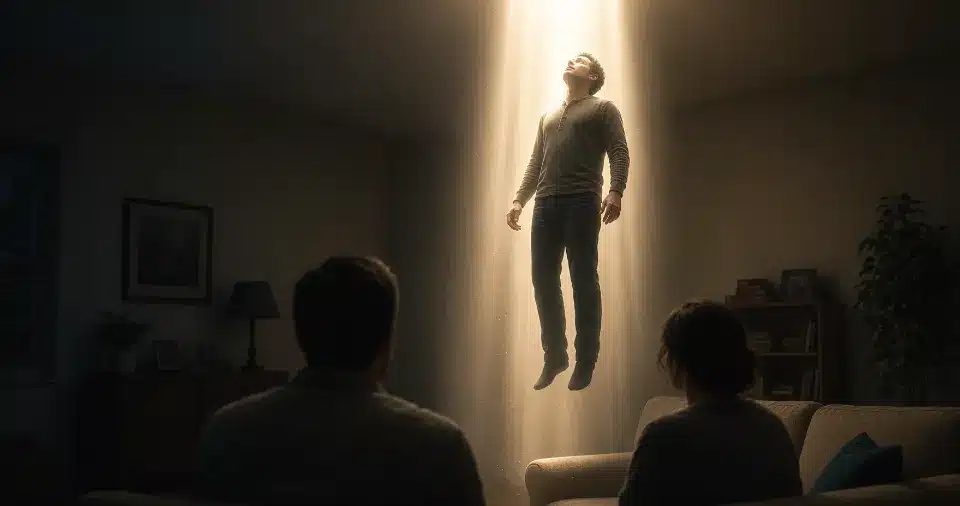 Tower of white light filling a dark bedroom as God called him by name